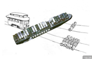 illustration en noir et blanc : un bus, un bateau et des perosnnes allongées
